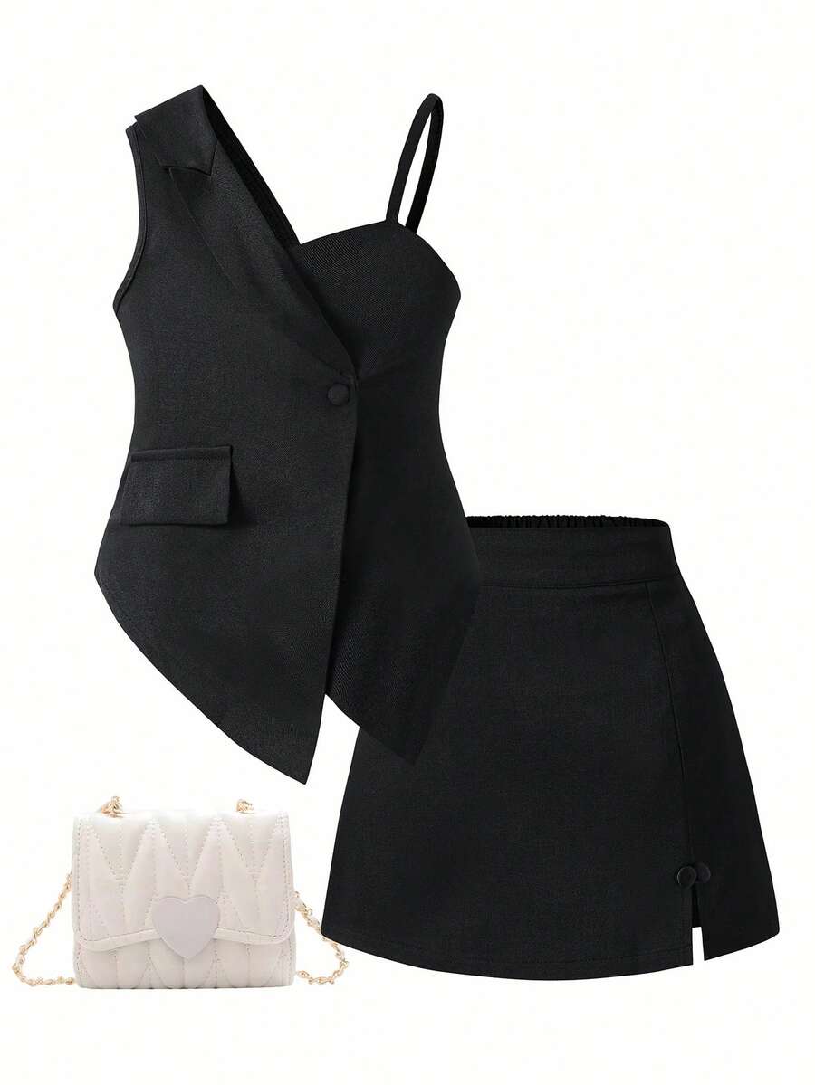 SHEIN Elladie kids Zweiteiler im asymmetrischen Design für Kleine Mädchen, eleganter Khaki-Rock-Anzug - Schwarz - Übersicht 1