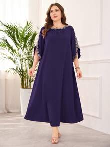 Lacomfia Plus Size Elegant Floral Applique Open Sleeve Dress - Purple - View 3