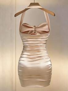 Franclia Women's New Halter Neck Front Button Decor Pleated Fitted Short Dress Satin Dress Champagne Dress Sexy Dress Ruched Dress Halter Dress, Bodycon Dress,Suitable For Wedding,Birthday,Birthday Dress,Going Out, Elegant, Elegant Dresses For Women,Vacation,Casual,Y2k,Graduation Season Attire, Fashionable Casual Commuter Wear - Champagne - View 2