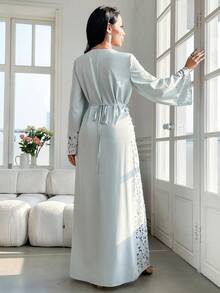 Yasmyna 女士常规肩部喇叭袖连衣裙，时尚简约设计，宽松版型 - 淺藍色 - 查看 2