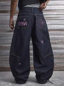 AXEPEAK Men's Casual Fashion Street Spider Letter Embroidery Loose Flared Jeans - Blue - View 3