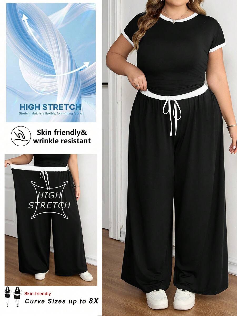 SHEIN CURVE+ Bộ áo thun và quần dài phối màu đen trắng tương phản dành cho nữ cỡ lớn. - màu đen - Xem 1