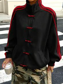 Muchica 女士休闲条纹拼接纽扣立领轻薄外套，秋季款 - 黑色 - 查看 4