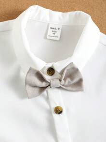 SHEIN 2pcs Young Boy Gentleman Outfit, Cute Khaki Elastic Waist Pants And Short Sleeve Shirt With Bow Tie, Spring/Summer - Khaki - View 3