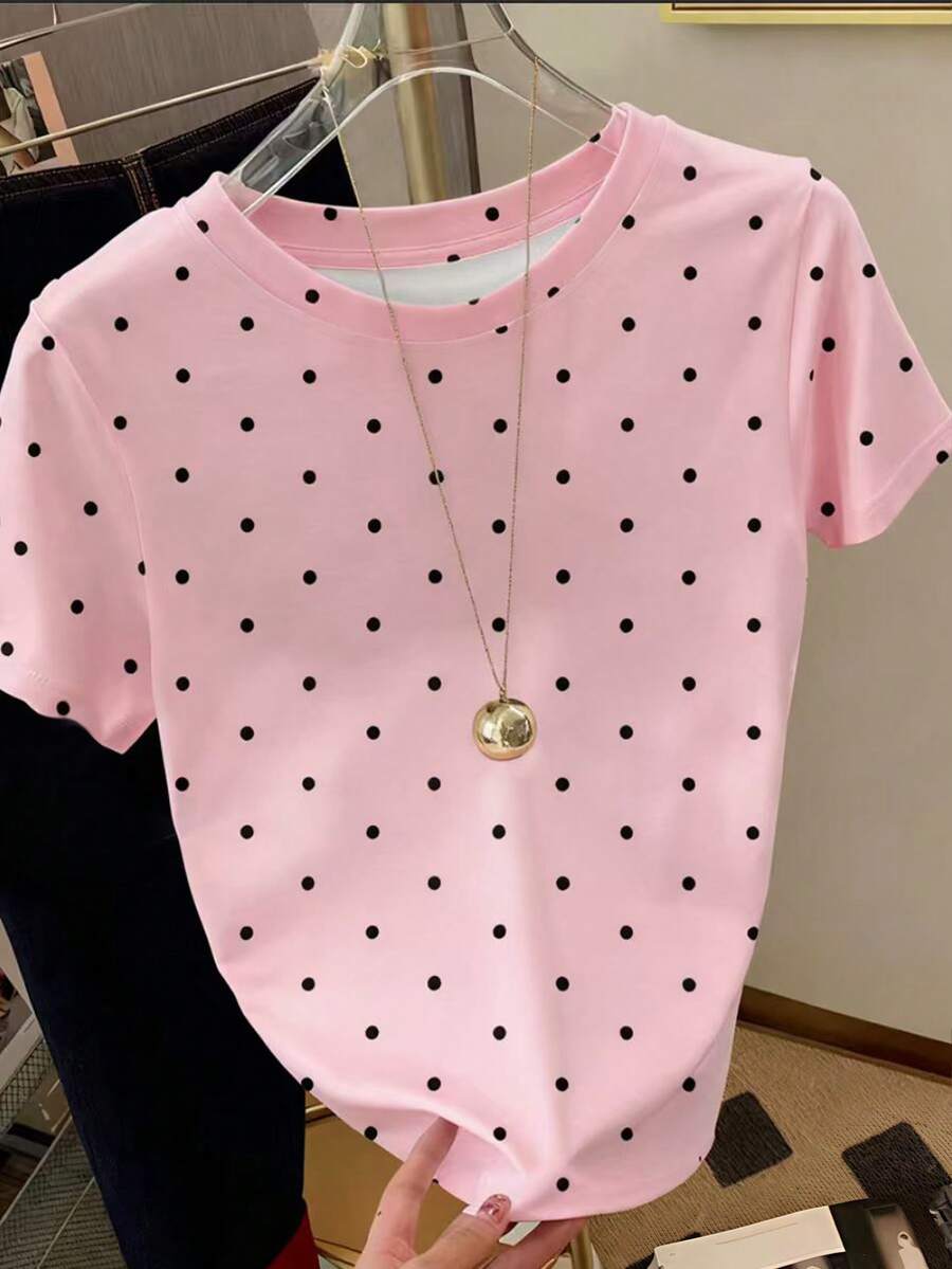 Resyla 甜美可爱的黑粉色波点印花女式修身T恤，适合夏季穿着，时尚T恤，漂亮T恤，送给兄弟姐妹的礼物，送给姐妹的礼物，送给妈妈的礼物，母亲节礼物，休闲时尚上衣。 - 粉色 - 查看 1