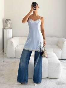 Siren Gaze Women's Summer Contrast Lace Side Slit Camisole Mini Dress - Baby Blue - View 4
