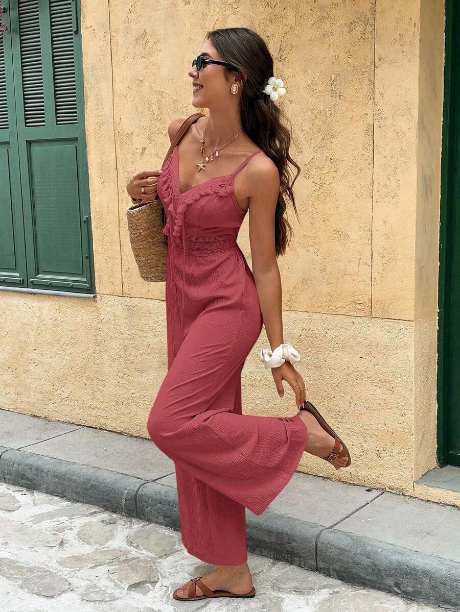Serisse Women's Solid Color Backless Ruffle Trim Casual Jumpsuit - Redwood - View 1