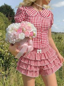 SHEIN MOD Women's Red & White Plaid Peter Pan Collar Belted Puff Sleeve Shirt,Valentine Day,Cute, Spring/Summer Outfits,Going Out Top , Birthday,Holidays, Casual Top,Going Out Top - Red and White - View 2