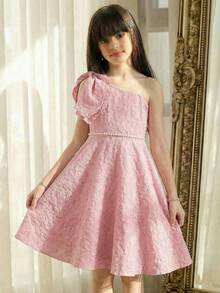 SHEIN 少女休闲优雅欧根纱串珠泡泡袖公主裙，杏色 - 杏色 - 查看 3