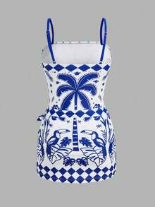 Swim Oasis 女士蓝白热带棕榈树印花连体泳衣，优雅休闲沙滩度假罩衫 - 藍白色 - 查看 3