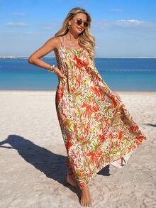 Swim Vcay فستان وغطاء واحد قطعة مريح وأنيق للنساء بطبعات عشوائية ومضفر، مناسب للعطلات والأجواء الصيفية الأنيقة والبسيطة - متعدد الألوان - مشاهدة 6
