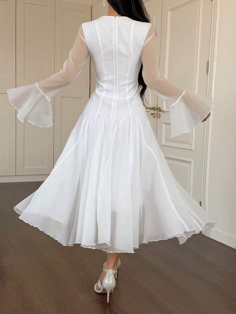 Women's Elegant Solid Color Round Neck Flare Sleeve Long Dress, Spring/Summer Wedding Guest Dress Maxi Dress Sundress