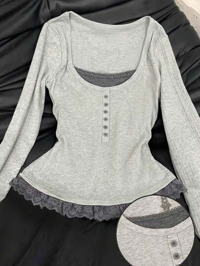 Attitoon 女士复古性感U领撞色蕾丝六粒扣灰色撞色百搭舒适优雅T恤，适合搭配，沙滩、婚礼、生日、度假、Y2K风格、外出、时尚