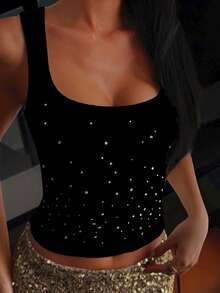 DAZY Women's Sleeveless Top With Rhinestone Decor, Slim Fit, Autumn/Winter Summer - Black - View 1