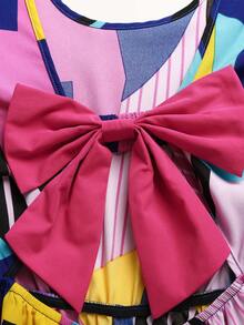 SHEIN Tween Girl Vacation Geometric Striped Print Cap Sleeve Backless Bow Jumpsuit - Multicolor - View 6