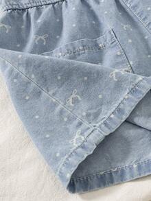 Baby Girl Light Blue Polka Dot Bow Denim Romper, Sweet And Cute Outfit For Daily Outings, Summer, Casual Wear, Parent-Child Outings, Kindergarten - Light Wash - View 5