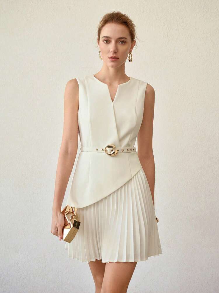 MINIMALIST COMMUTER WAIST-CINCHED FITTED PLEATED V-NECK SHORT DRESS, SPRING/SUMMER