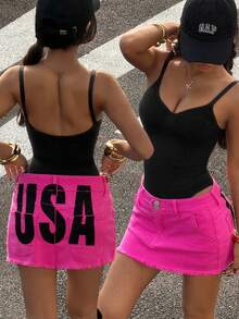 StreetHx Women's Fashion Casual Versatile Printed Short Denim Skirt - Pink - View 6