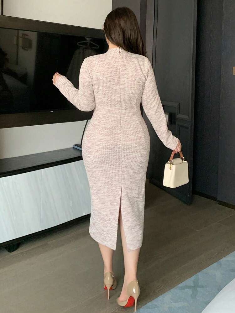 Dazy Plus Plus Size Women V-Neck Long Sleeve Elegant Dress With Back Slit Maxi Dress Sundress