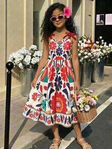 Tween Girls Elegant Pink Dress, Rose Flower Print Spaghetti Strap Ruffle Hem Bow Shoulder A-Line Dress, Suitable For Vacation, School, Outings, Spring/Summer - Multicolor - View 4