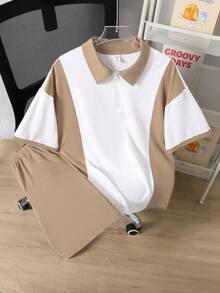 Vacaura 2pcs/Set Teenage Boys Casual Color Block Zipper Polo Shirt Suit, Suitable For Daily Commute, Leisure, Sports, And School Wear - Brown - View 3