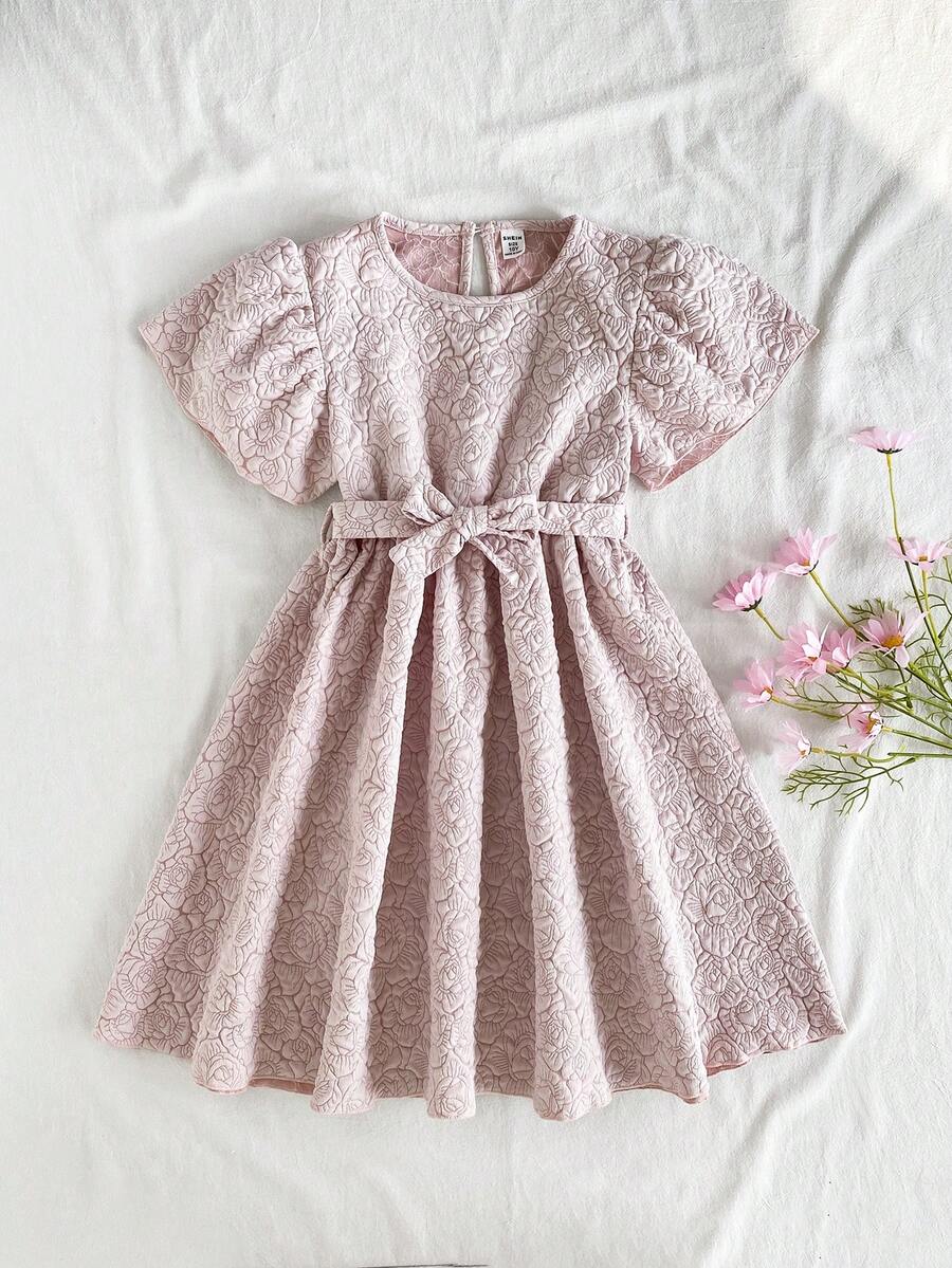 SHEIN Vintaside Kids 甜美可爱的夏日连衣裙,樱桃印花,荷叶边袖口,休闲风格,可机洗——是参加派对和海滩活动的理想之选 - 粉色 - 查看 1