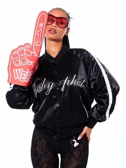 BABYPHAT Satin Varsity Jacket With Script Text Print Bomber Style Ribbed Cuffs Contrast Sleeves Winter Fall Outerwear