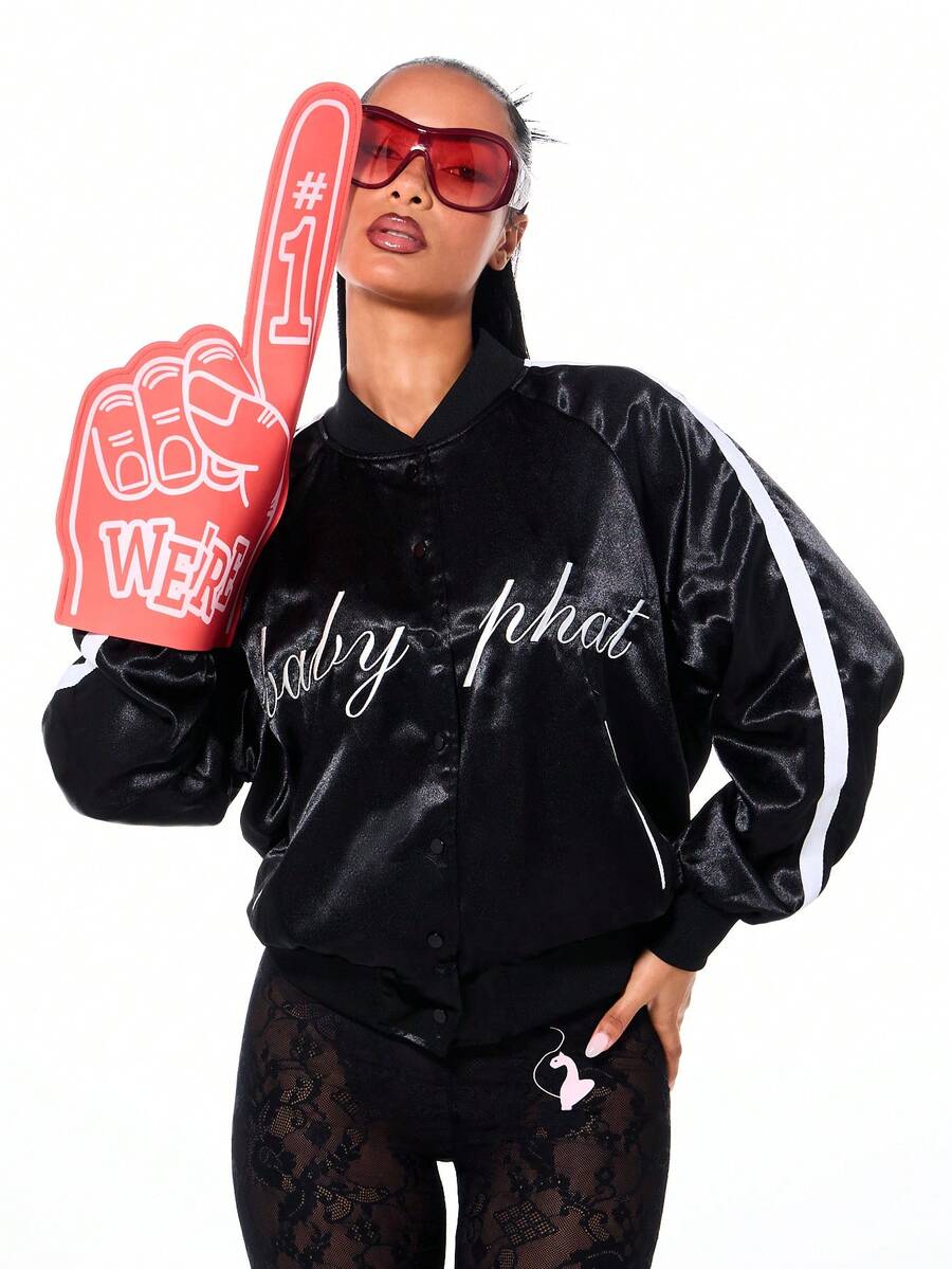BABYPHAT Satin Varsity Jacket With Script Text Print Bomber Style Ribbed Cuffs Contrast Sleeves Winter Fall Outerwear - Black - View 1