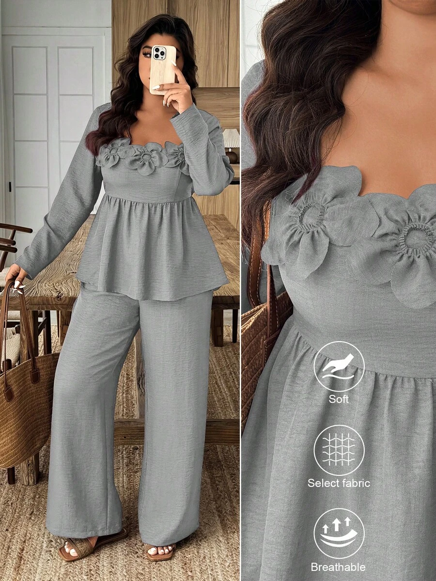 SHEIN LUNE 大码女式优雅纯色方领3D立体花卉娃娃衫上衣及阔腿裤套装,春秋季 - 淺灰色 - 查看 1
