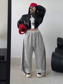 POPSWAY Plus Size Lazy Sports Style Yellow Striped Sweatpants For Women, High Waist Drawstring Loose Wide Leg Pants, Autumn 2025 - Light Grey - View 6
