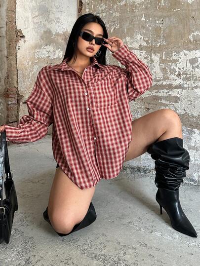 Sunspun Plus Size Women's Single-Breasted Casual Loose Plaid Long Sleeve Shirt