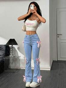 SHEIN PETITE Women's Casual Flare Jeans With Pockets & Bow Decor - Light Wash - View 6