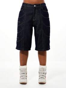 SUMWON WOMEN Quần short denim ống rộng cạp cao, dáng suông, nhiều túi, phong cách thường ngày mùa hè, kiểu thợ mộc, quần short denim phá cách. - Màu xanh lam - Xem 1