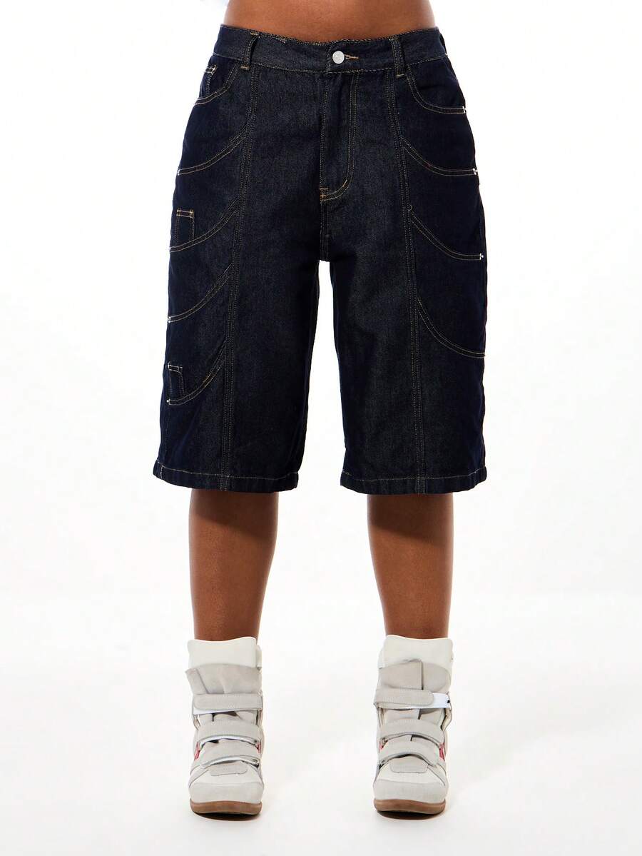 SUMWON WOMEN Quần short denim ống rộng cạp cao, dáng suông, nhiều túi, phong cách thường ngày mùa hè, kiểu thợ mộc, quần short denim phá cách. - Màu xanh lam - Xem 1