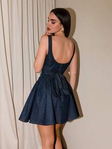 Bris Aura Women's Square Neck Ruched Sleeveless Casual Denim Dress, Summer - Dark Wash - View 2