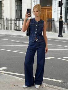 Siren Gaze Women's Casual Denim Suit: Sleeveless Vest + Wide-Leg Pants,Summer Casual Two-Piece Set - Dark Wash - View 1