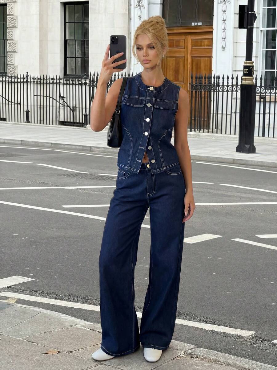 Siren Gaze Women's Casual Denim Suit: Sleeveless Vest + Wide-Leg Pants,Summer Casual Two-Piece Set - Dark Wash - View 1