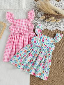 SHEIN Baby Girl 2-Piece Plaid & Floral Print Flutter Sleeve Button Front Dress, Versatile For Casual, Outdoor, Holiday, Party Wear - Pink - View 2