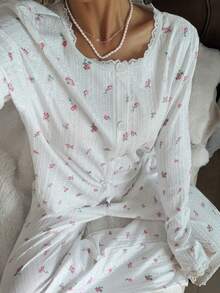 SHEIN Lace Trim Round Neck Cardigan Long Sleeve & Pants Butterfly Print Pajama Set - White - View 4