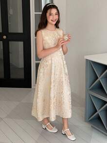 DAZY Tween Girl Floral Jacquard Sleeveless Round Neck Fashion Party Dress - Apricot - View 3