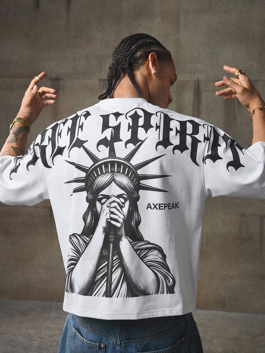 AXEPEAK 男士休闲时尚街头风圆领短袖T恤 - 白色 - 查看 1