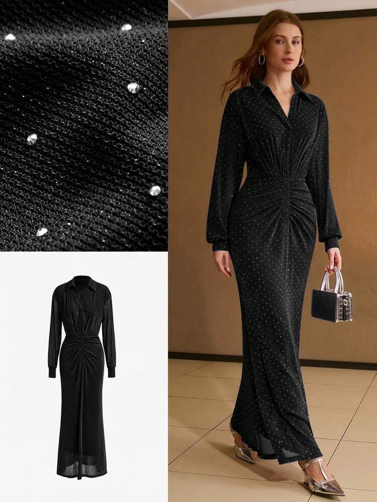 WOMEN'S RHINESTONE EMBELLISHED LONG DRESS, SUITABLE FOR DATES AND PARTIES