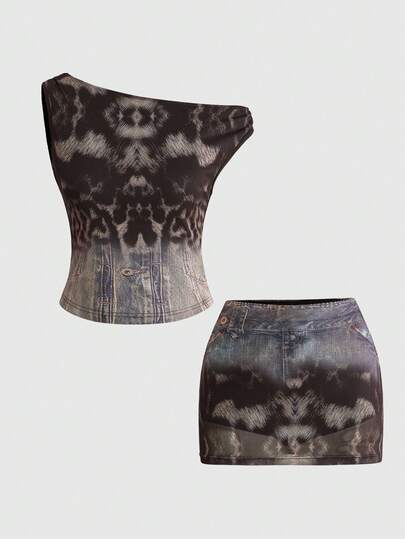 ROMWE J-Fashion 女士豹纹斜肩上衣和紧身迷你裙两件套