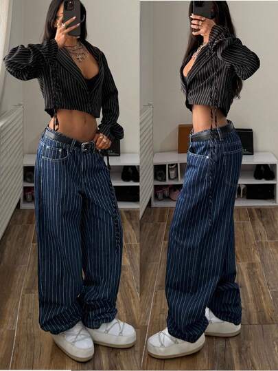 StreetHx Calça jeans listrada de cintura baixa e perna reta, estilo casual e moderno para o dia a dia.