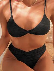 Swim Chiccia Women's Solid Color Sexy Minimalist Fashion Textured Fabric Bikini Set, Spring/Summer - Black - View 5