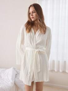 Ocili 100% Cotton Soft & Comfortable Jacquard Weave Ruffled Tie-Front Sleepwear Robe For Women - White - View 6