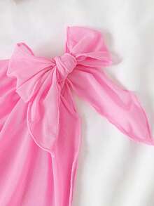 SHEIN Tween Girls' Casual Vacation Beach Butterfly & Striped Print Ruffled Camisole Romper With Mesh Skirt Set, Pink Pink Bow Bathing Suit Girls Beach Set Girls Summer Vacation Sets Swimsuits Pink - Pink - View 4