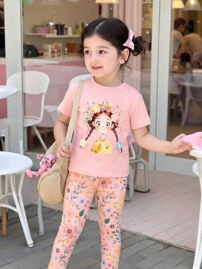SHEIN 2pcs/Set Young Girl Casual Portrait Graphic Round Neck Short Sleeve T-Shirt And Pants Summer Outfit