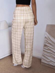 Dream Adore Pantalones de pijama rectos de cintura elástica con estampado de cuadros rosas para mujer - Caqui - Ver 2