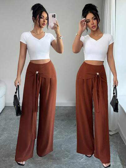 SHEIN Elenzya Elegant Everyday Cross Metal Decor Wide Leg Women's Suit Pants